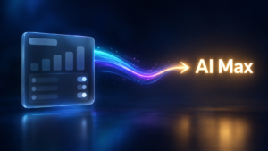 Tarjeta de campaña de Google Ads transformándose con una flecha de luz tipo aurora hacia AI Max, marcado con una estrella brillante