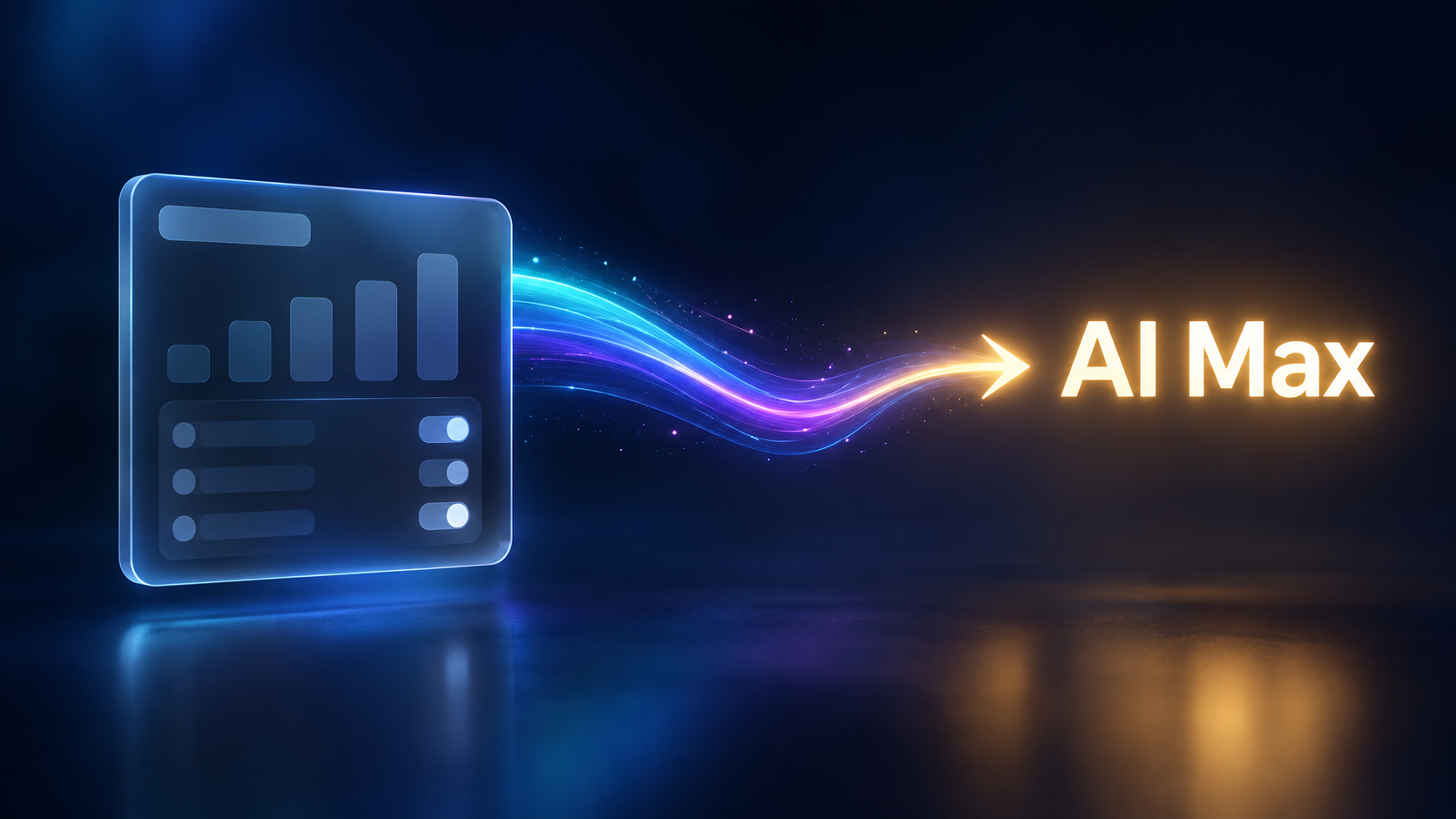 Tarjeta de campaña de Google Ads transformándose con una flecha de luz tipo aurora hacia AI Max, marcado con una estrella brillante