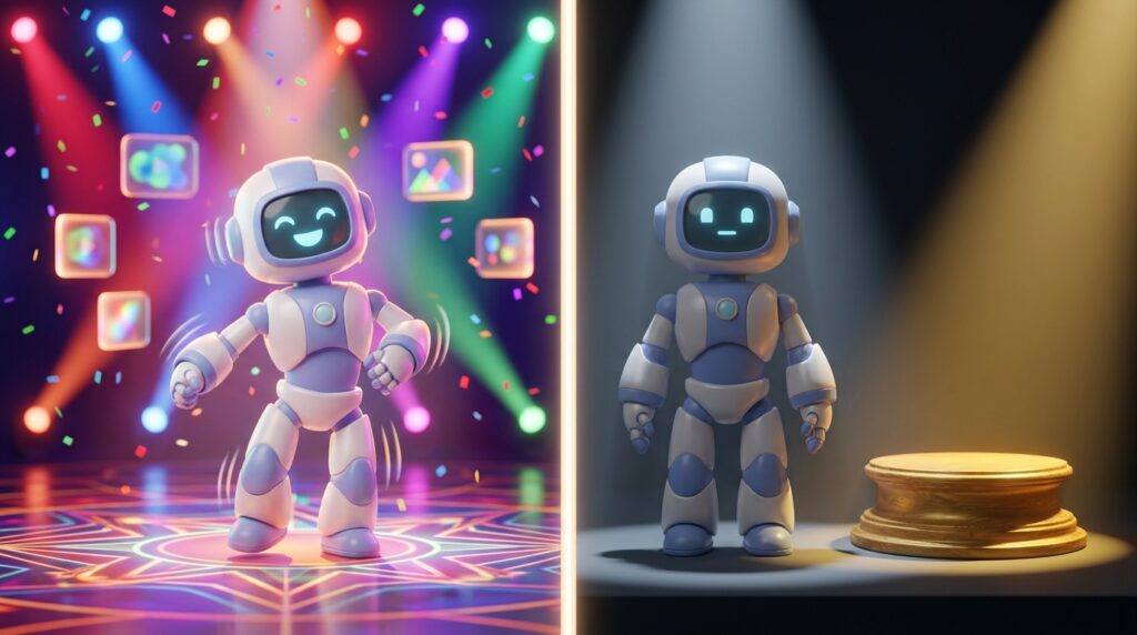 Ilustración dividida mostrando un robot de IA bailando bajo luces brillantes en un lado, y un robot idéntico apagándose bajo luz tenue en el otro, representando la divergencia entre plataformas sobre contenido de IA
