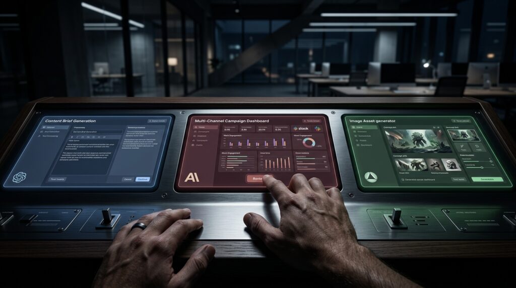Fotografía en ángulo cercano de una consola de operaciones de marketing sobre un escritorio oscuro. En la consola destacan tres pantallas integradas con iluminación suave en azul y granate. La pantalla izquierda muestra la interfaz con el logo de OpenAI procesando texto, mientras que la pantalla central tiene el logo de Anthropic gestionando un panel de campaña. Unas manos de operador interactúan con los controles en un ambiente cinematográfico y oscuro.