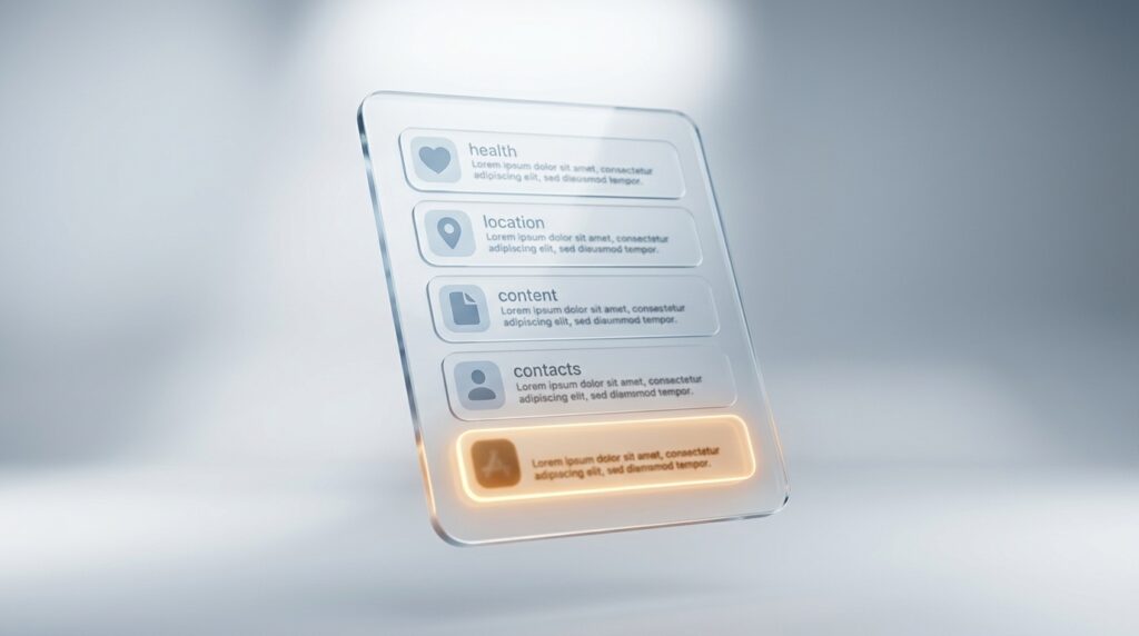 Representación en 3D de una tarjeta de privacidad de cristal translúcido tipo App Store con filas de categorías de datos y una opción inferior resaltada con un brillo cálido sobre un fondo azul claro.