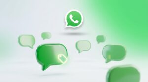 Burbujas de chat en 3D sobre fondo claro verde, una de ellas con una etiqueta de precio, representando el cobro por mensaje de servicio en WhatsApp Business API.