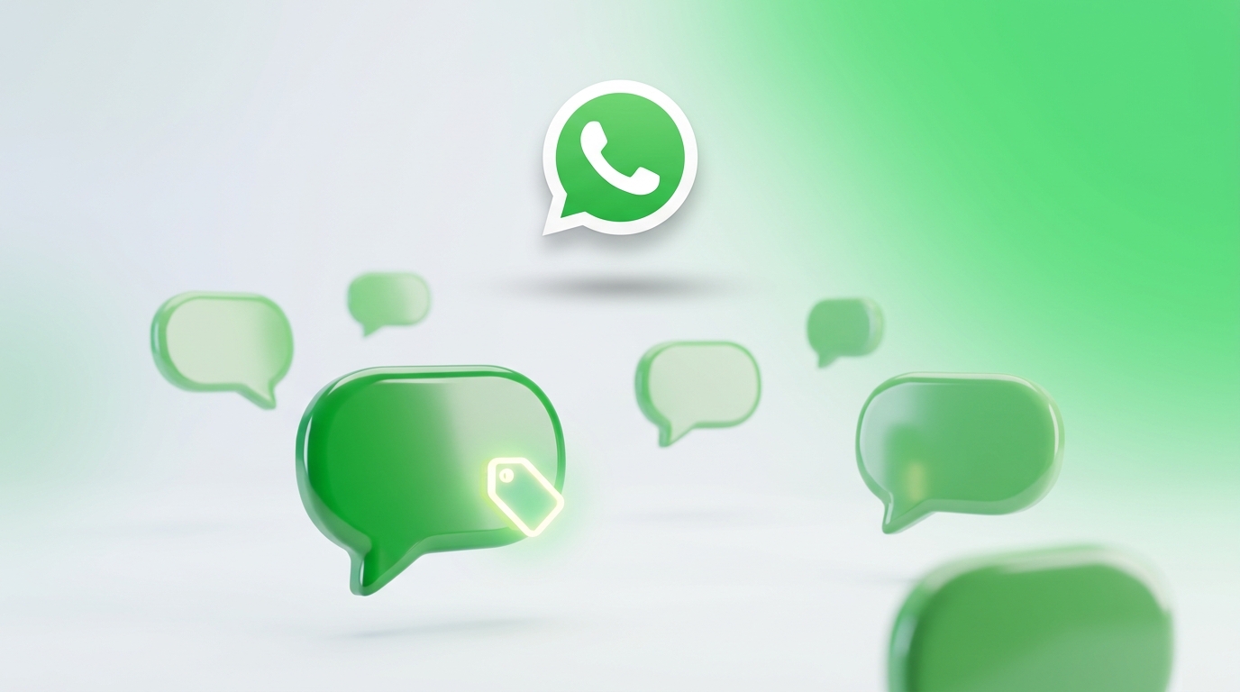 Burbujas de chat en 3D sobre fondo claro verde, una de ellas con una etiqueta de precio, representando el cobro por mensaje de servicio en WhatsApp Business API.