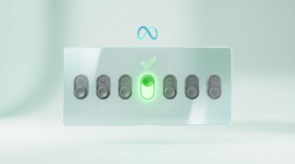 Panel holográfico con interruptores apagados y uno solo activado en verde