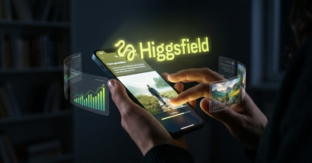 Primer plano de un celular en una habitación oscura mostrando un anuncio en video generándose, con paneles holográficos de gráficos y el logo de Higgsfield flotando sobre la pantalla.
