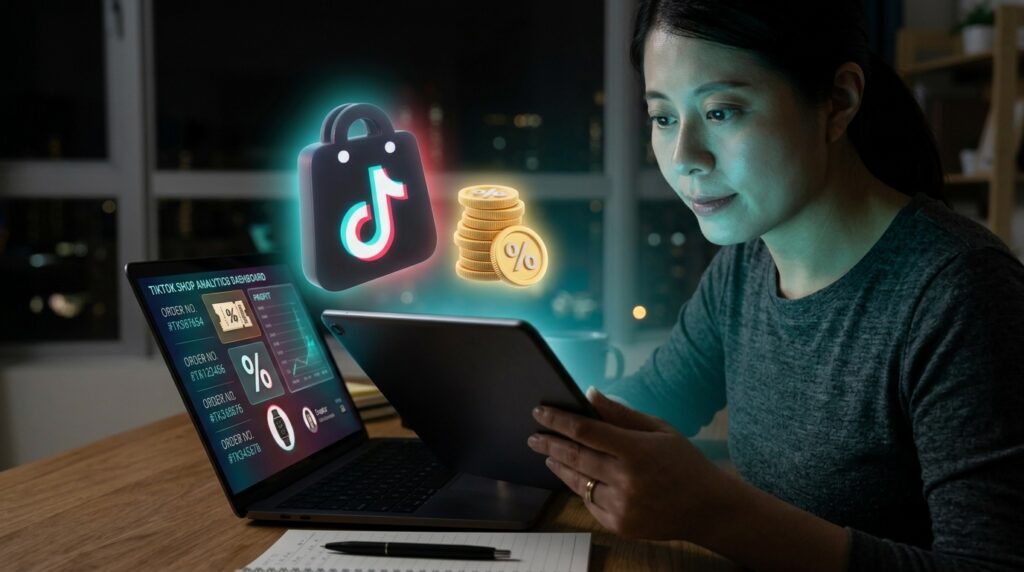 Persona revisando un panel de analítica de tienda en una tablet durante la noche, con el logo de TikTok y un ícono de monedas apiladas flotando en 3D, representando comisiones y tarifas.