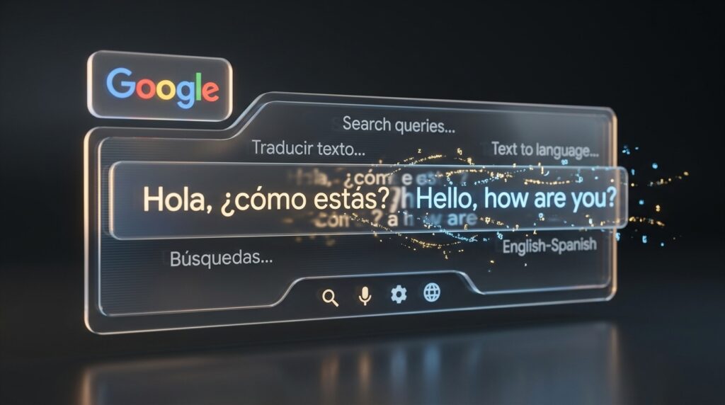 Barra de búsqueda holográfica en 3D con texto cambiando entre español e inglés, junto al logo de Google, representando la coincidencia automática de idioma.