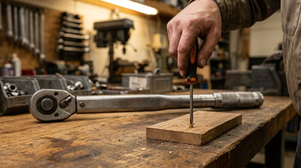 Una mano ajustando un pequeño tornillo en una madera con un destornillador común, mientras una enorme llave dinamométrica descansa a un lado.