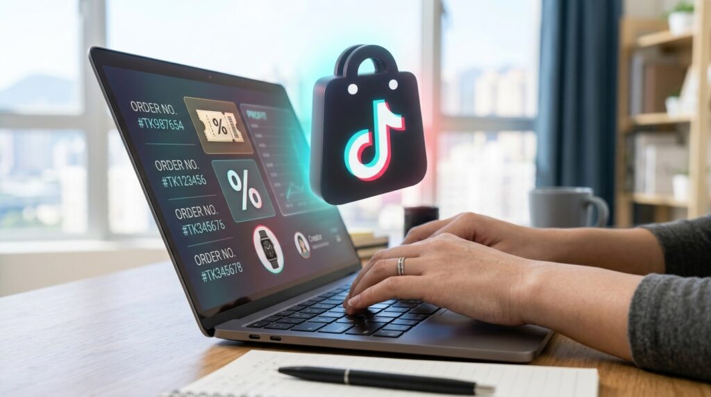 Manos escribiendo en un laptop de noche, con un panel iluminado que muestra pedidos, un ícono de cupón y un porcentaje de comisión, y el logo de TikTok flotando en 3D sobre la pantalla.