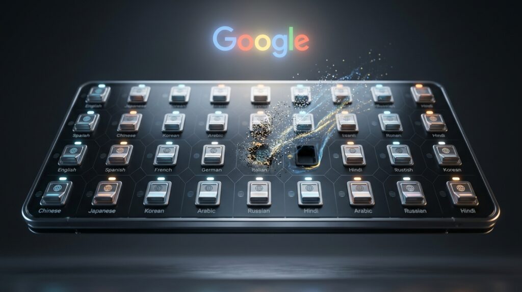Panel de control 3D con interruptores de idioma, uno de ellos desvaneciéndose, representando la eliminación de la segmentación por idioma en Google Ads.