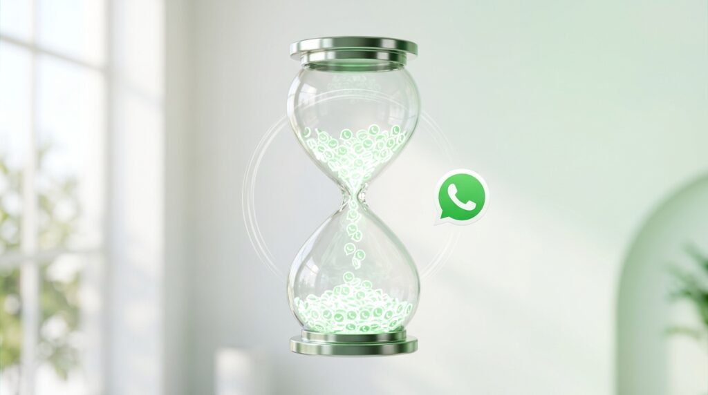 Reloj de arena en 3D con burbujas de chat cayendo en lugar de arena, sobre fondo claro, representando las ventanas de 24 y 72 horas de WhatsApp Business API.