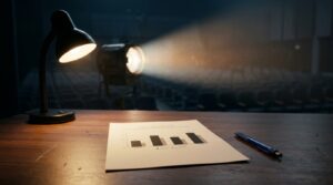 Un escritorio con una lámpara encendida que ilumina un informe impreso con un gráfico de barras moderado, mientras al fondo un reflector de escenario pierde intensidad.
