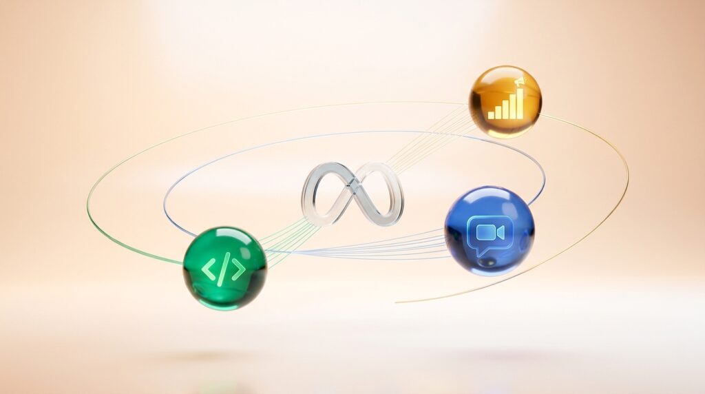 Tres esferas de colores con íconos distintos orbitando el logo de Meta conectadas por hilos de luz