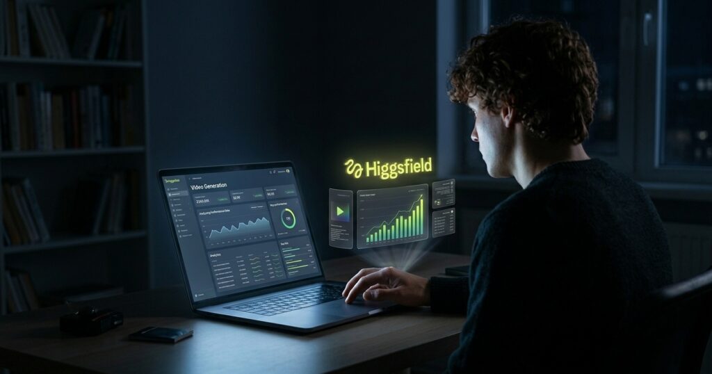 Persona trabajando de noche en su laptop con un gráfico holográfico de resultados en ascenso y el logo de Higgsfield flotando sobre el escritorio, en una habitación oscura.