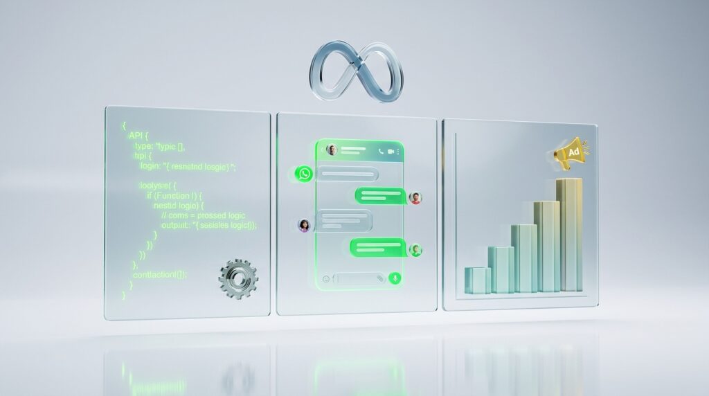 Panel holográfico dividido en tres secciones con código, un chat de WhatsApp y una gráfica de anuncios