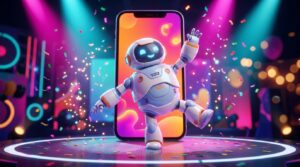Robot de inteligencia artificial bailando frente a la pantalla de un celular, representando los anuncios de video generados por IA en TikTok