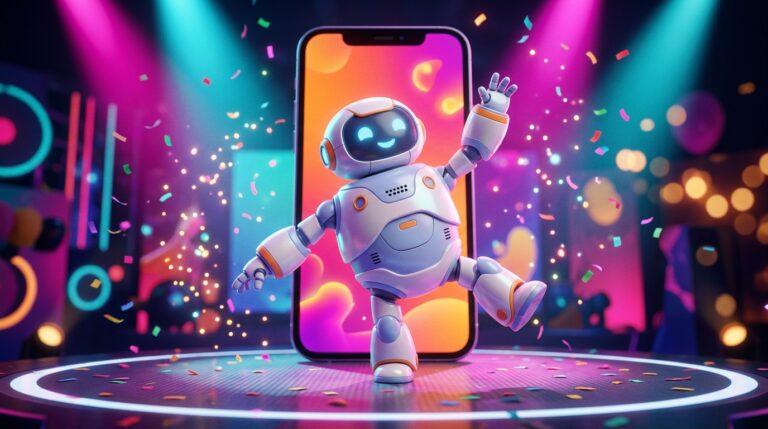 Robot de inteligencia artificial bailando frente a la pantalla de un celular, representando los anuncios de video generados por IA en TikTok
