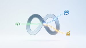 Logo de Meta con tres conductos de luz de distinto color saliendo hacia iconos de código, chat y gráfico de barras