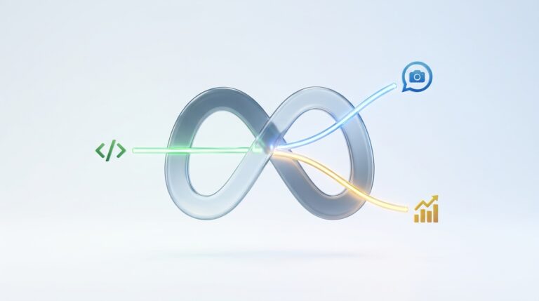 Logo de Meta con tres conductos de luz de distinto color saliendo hacia iconos de código, chat y gráfico de barras