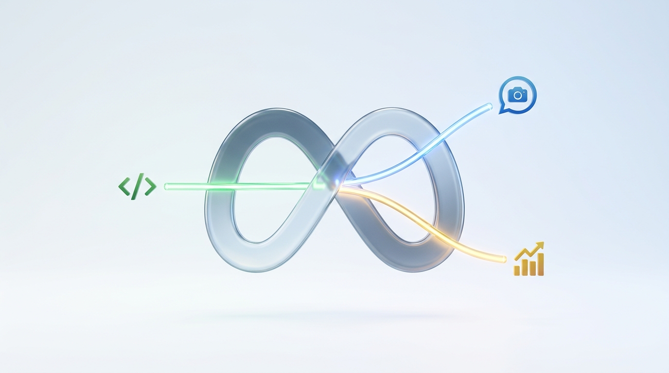 Logo de Meta con tres conductos de luz de distinto color saliendo hacia iconos de código, chat y gráfico de barras