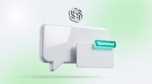 Burbuja de chat con una tarjeta de anuncio patrocinado emergiendo y el logo de OpenAI flotando arriba