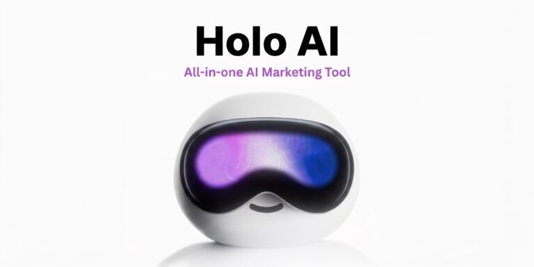 Robot blanco con visor holográfico violeta representando el logo y la plataforma Holo AI para marketing.