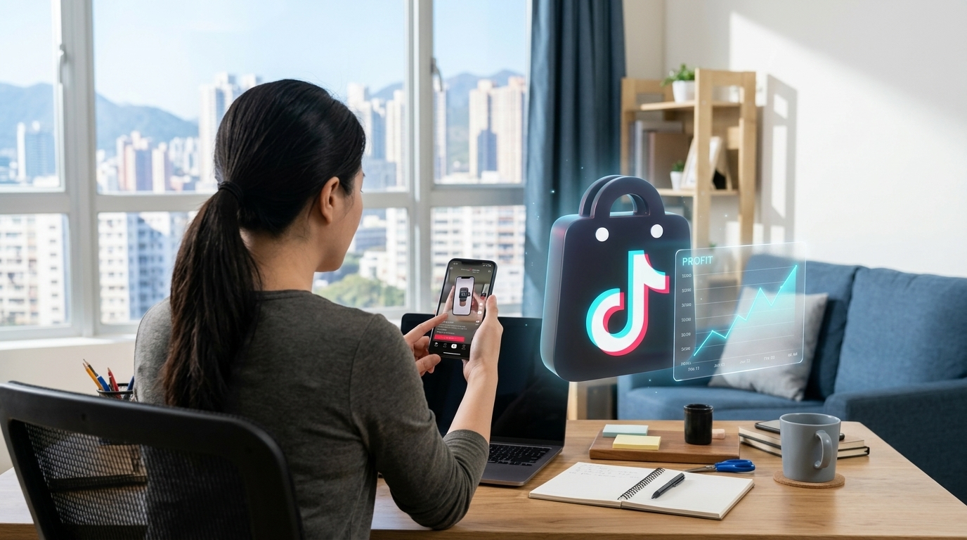Persona revisando un video de producto de TikTok Shop en su celular durante la noche, con el logo de TikTok y un gráfico de ganancia en ascenso flotando en 3D junto a la pantalla.
