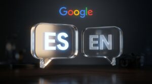 Dos burbujas de idioma en 3D, una en español y otra en inglés, con la burbuja en español destacándose automáticamente, junto al logo de Google.