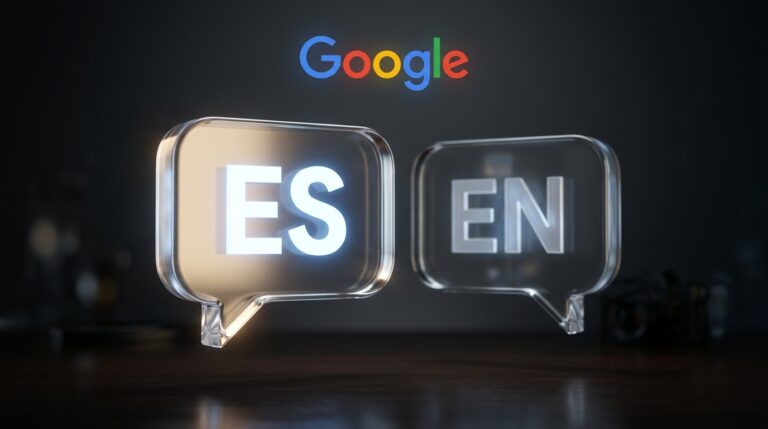 Dos burbujas de idioma en 3D, una en español y otra en inglés, con la burbuja en español destacándose automáticamente, junto al logo de Google.