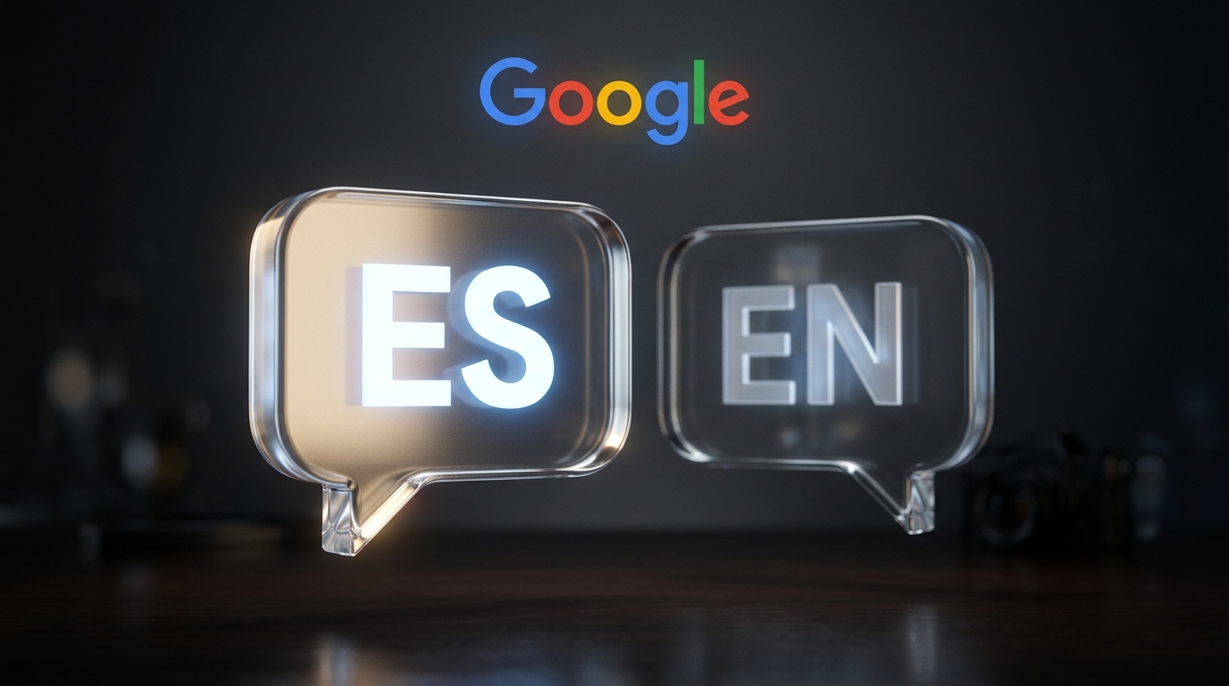 Dos burbujas de idioma en 3D, una en español y otra en inglés, con la burbuja en español destacándose automáticamente, junto al logo de Google.