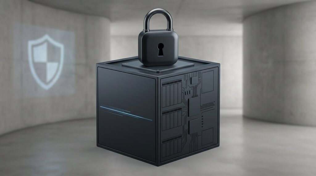 Renderizado 3D de un cubo negro blindado con circuitos integrados, protegido por un candado grande, en una sala de concreto con un escudo de seguridad proyectado al fondo. Representa la seguridad de datos de Meta Muse.