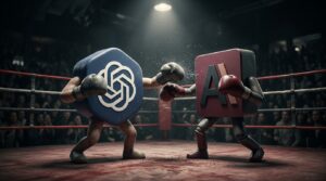 Una imagen fotorrealista de estilo cinematográfico y dramático que muestra a dos figuras deIA antropomórficas luchando en un ring de boxeo profesional bajo un foco de luz. La figura de la izquierda es un hexágono azul con el logo de OpenAI (GPT), y la figura de la derecha es un cuadrado granate con el logo de Anthropic (Claude). Ambas figuras tienen brazos y piernas 3D articulados y usan guantes de boxeo. El ring está lleno de polvo y la audiencia en la oscuridad está borrosa.