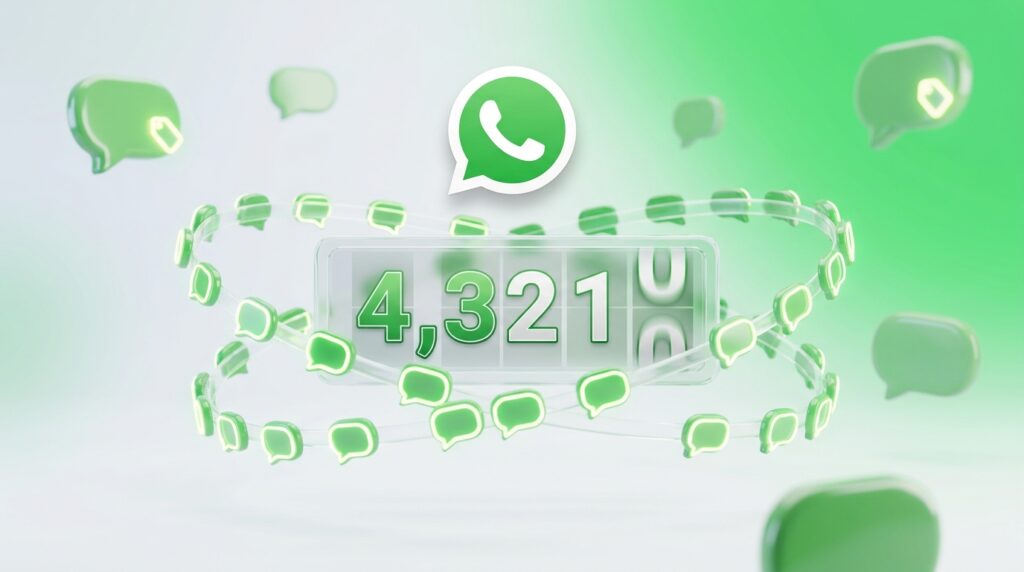 Contador holográfico en 3D descendiendo, rodeado de burbujas de chat, sobre fondo claro verde, representando la cuota mensual gratuita de WhatsApp Business API.
