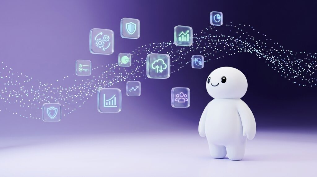 Robot animado contemplando iconos flotantes de analítica, nube y automatización en un flujo digital.