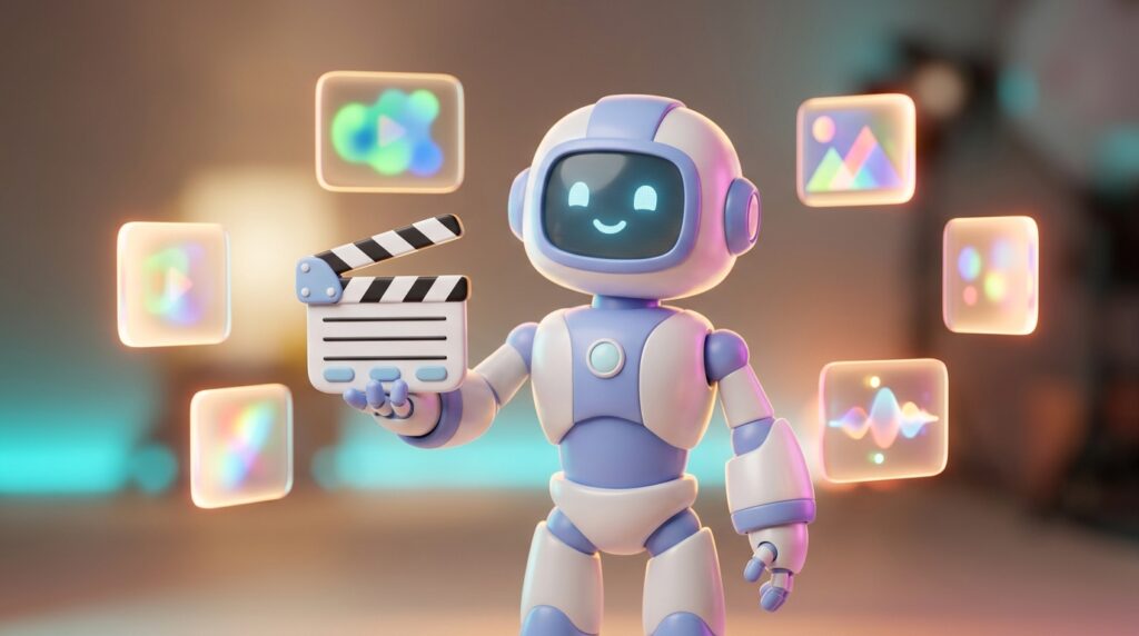 Robot de inteligencia artificial sosteniendo una claqueta de director rodeado de paneles flotantes que representan referencias multimodales de imagen, video y audio
