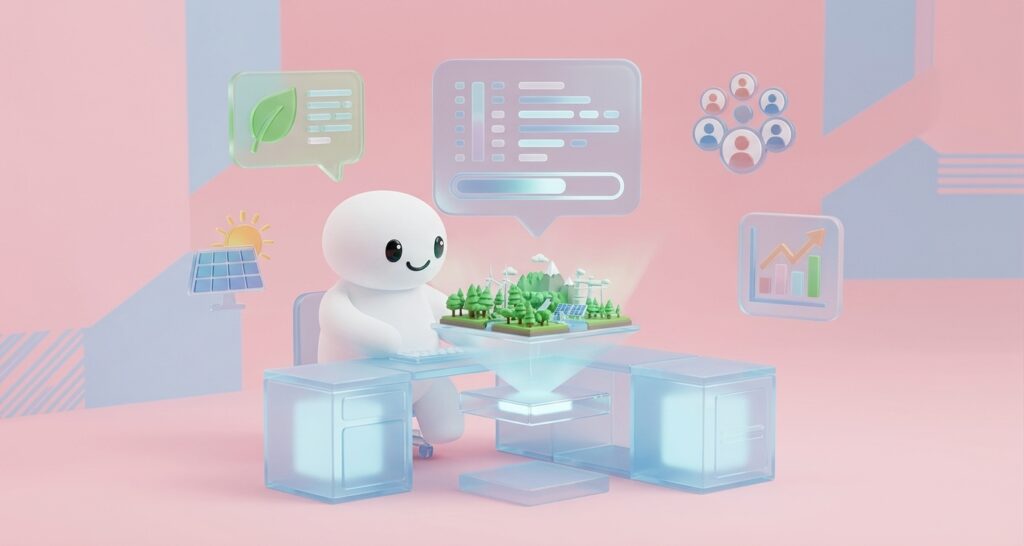 Mascota de Holo AI en un escritorio transparente gestionando un holograma 3D con paneles de analítica y métricas.
