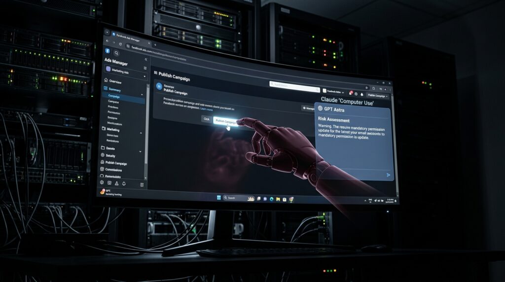 Fotografía dramática en ángulo bajo de un monitor curvo encendido en un entorno oscuro de servidor. La pantalla muestra una plataforma de anuncios con la proyección holográfica granate de un brazo robótico articulado haciendo clic en un botón de publicación. En superposición aparece un cuadro de diálogo azul con un análisis de riesgo de permisos. La iluminación es de alto contraste con sombras profundas.