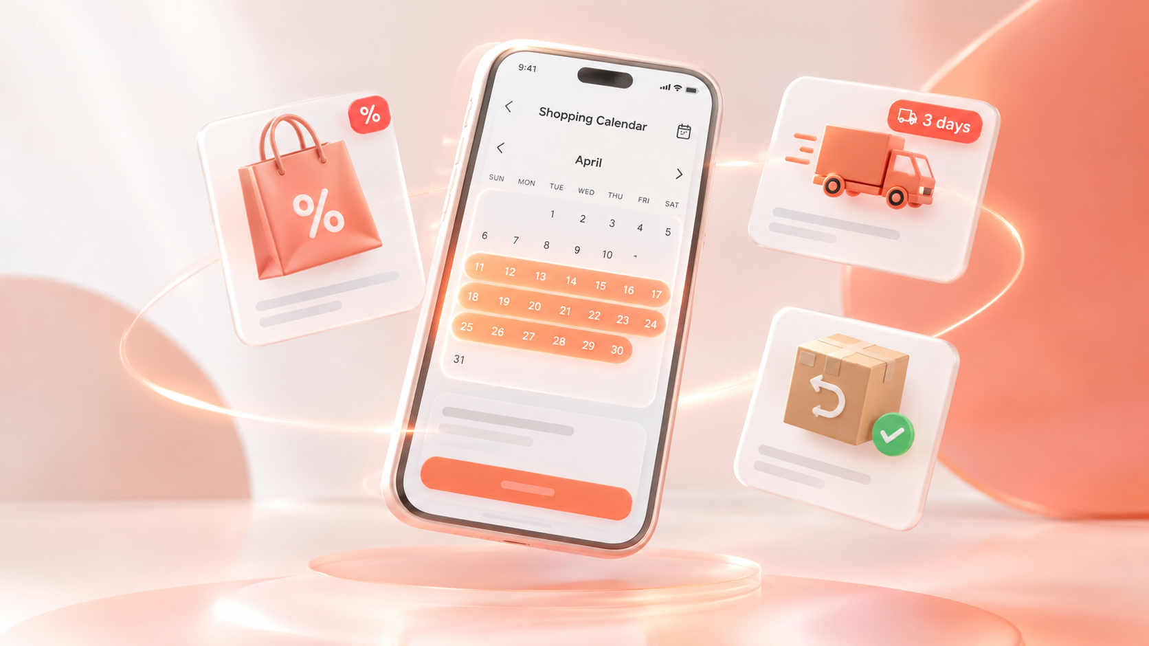 Pantalla de teléfono con un calendario del 11 al 30 resaltado y tarjetas de bolsa de compras, entrega en tres días y devoluciones
