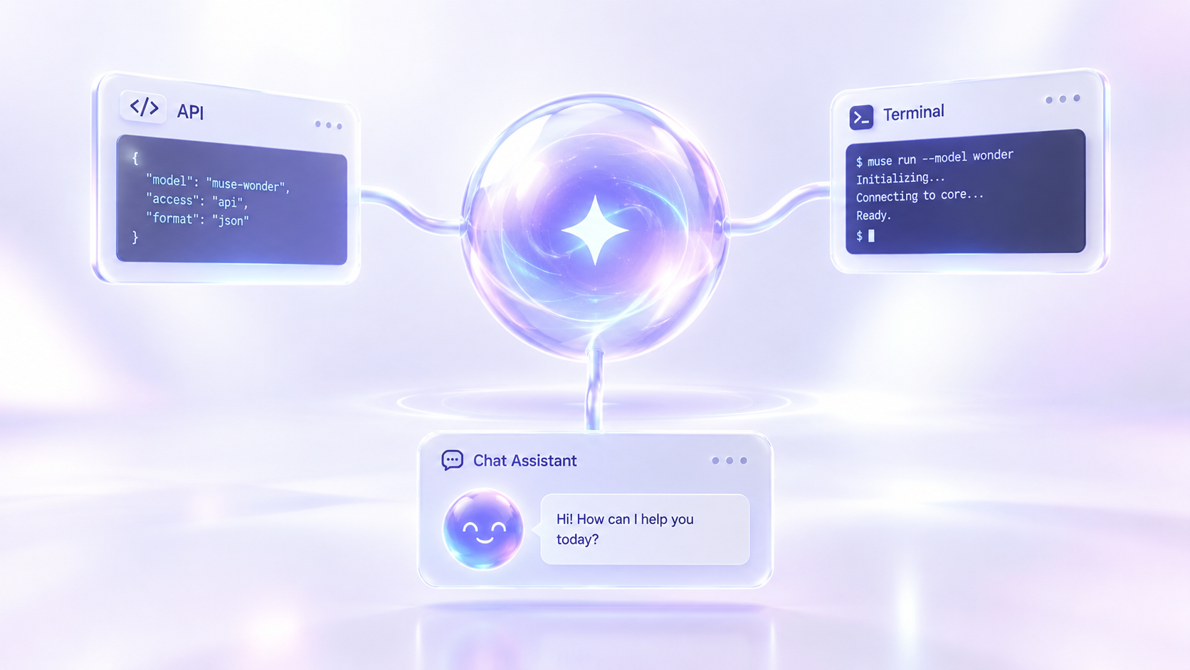 Esfera luminosa central conectada con tarjetas de API, terminal y asistente de chat