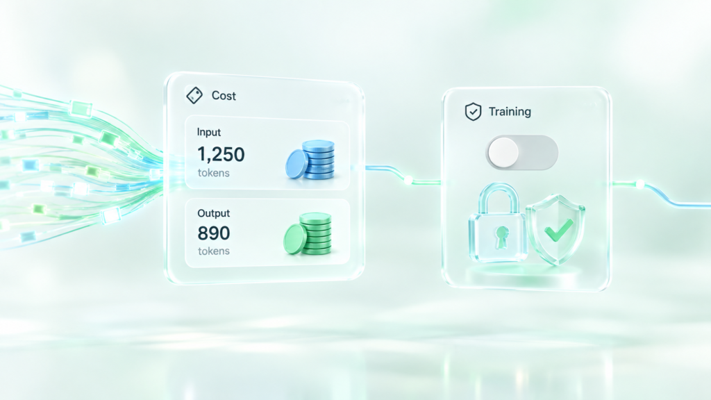 Panel de precios por tokens junto a un interruptor de entrenamiento apagado con candado y escudo