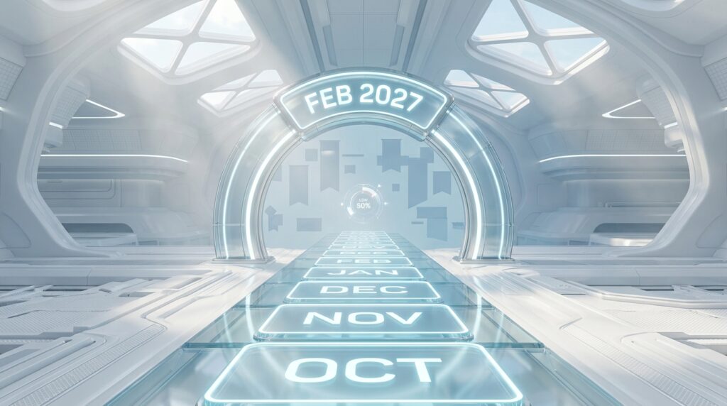 Puente de cristal hecho de fichas de calendario hacia un arco marcado febrero 2027 con un dial de prioridad baja al 50%