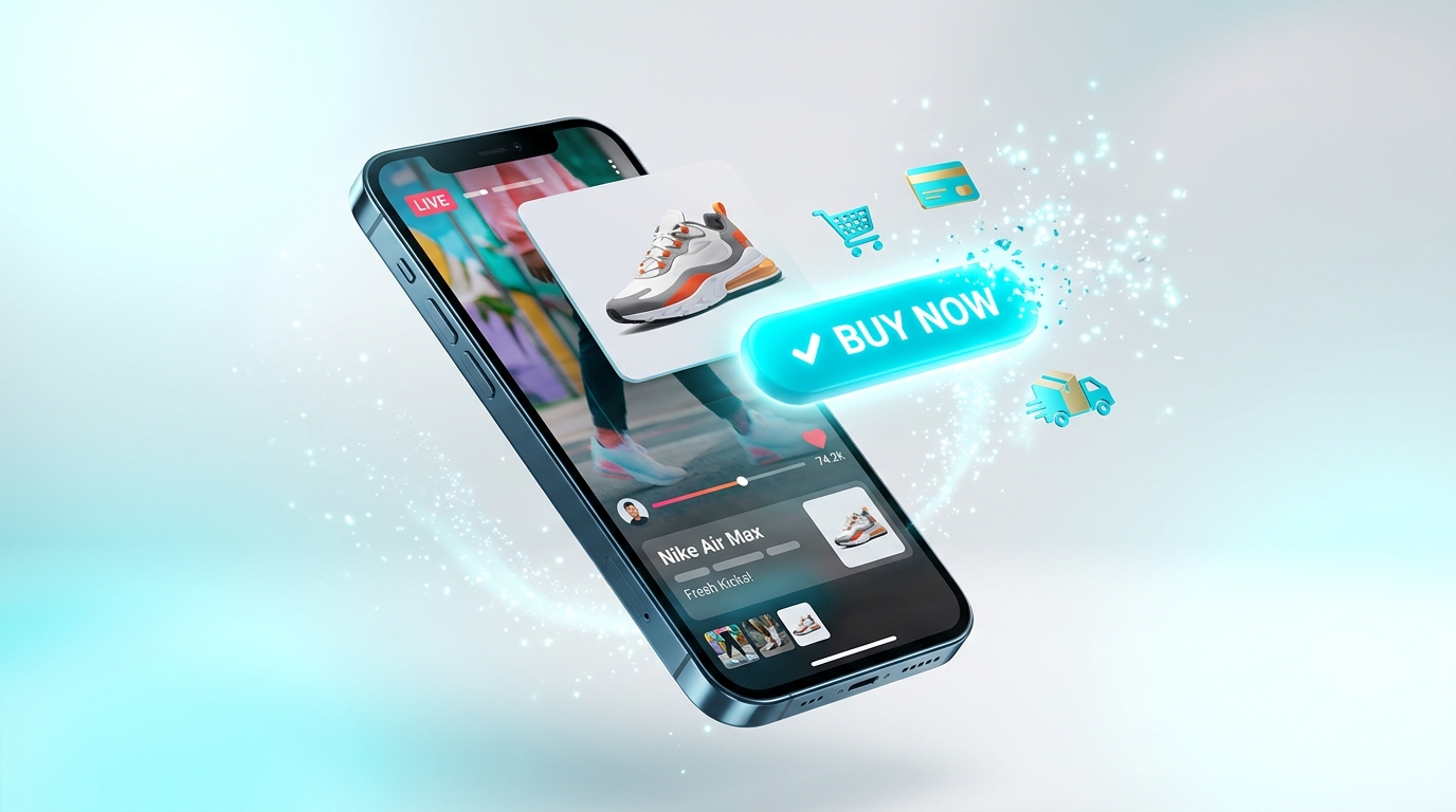 Teléfono con feed de videos cortos del que sale una tarjeta de producto convertida en botón de compra de un toque