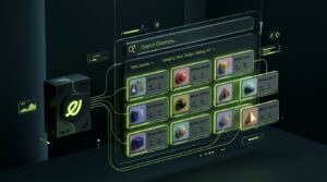 Panel 3D con tarjetas de creadores, barra de búsqueda con IA y líneas que conectan un producto con varios perfiles