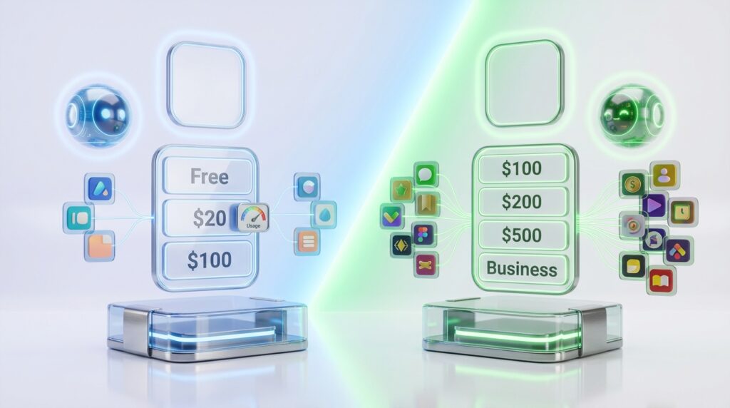 Dos paneles de precios con planes escalonados y grupos de tarjetas de apps conectadas por líneas luminosas