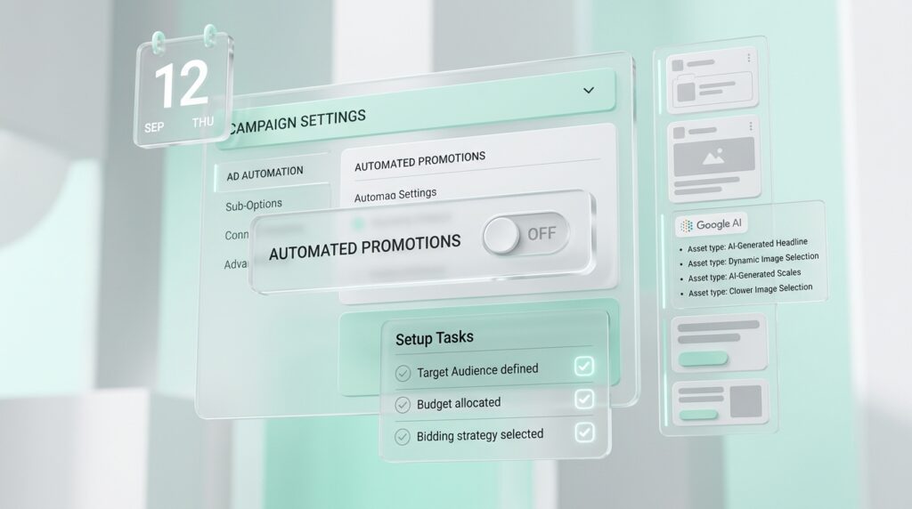 Panel de ajustes con un interruptor de promociones automáticas apagado, una lista de activos y un calendario con el número 12