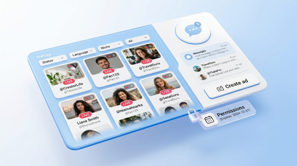 Panel 3D con perfiles de creadores, mensajería, botón de crear anuncio y permisos de contenido con calendario