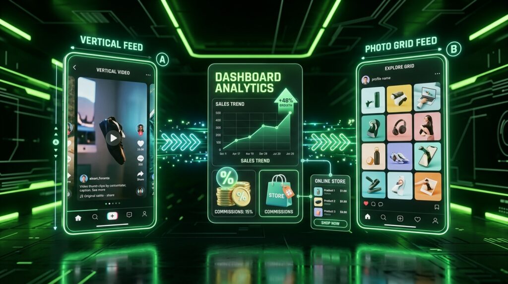 Dos pantallas de apps conectadas por un puente luminoso con un gráfico de ventas, monedas de comisión y una tienda en línea