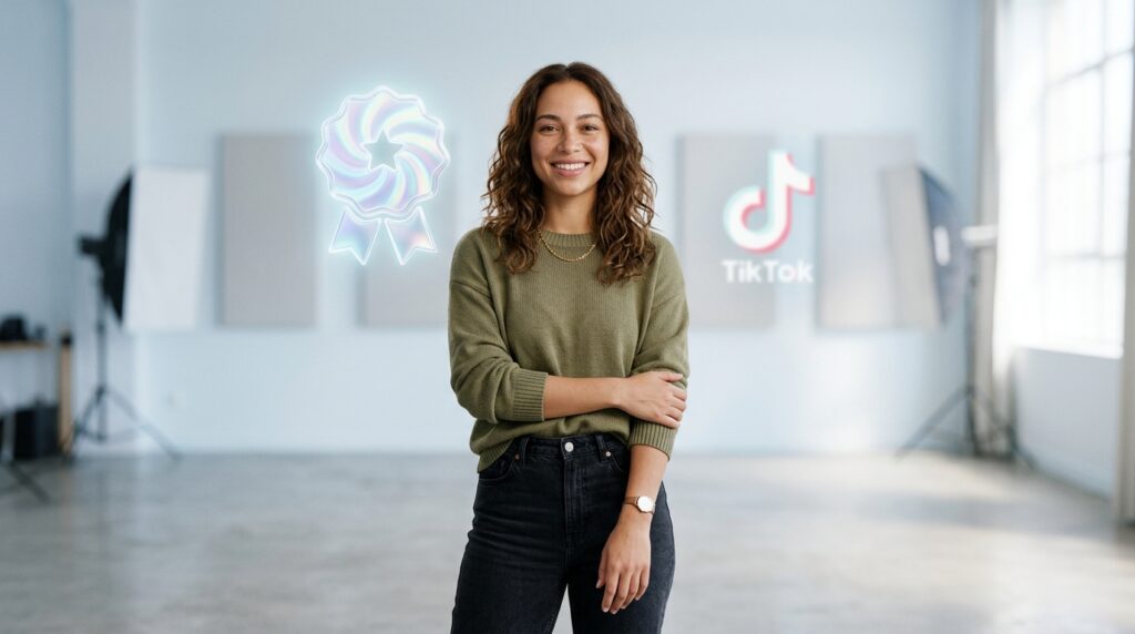 Creadora con una insignia holográfica flotando sobre su hombro, representando la etiqueta de creador de alta calidad