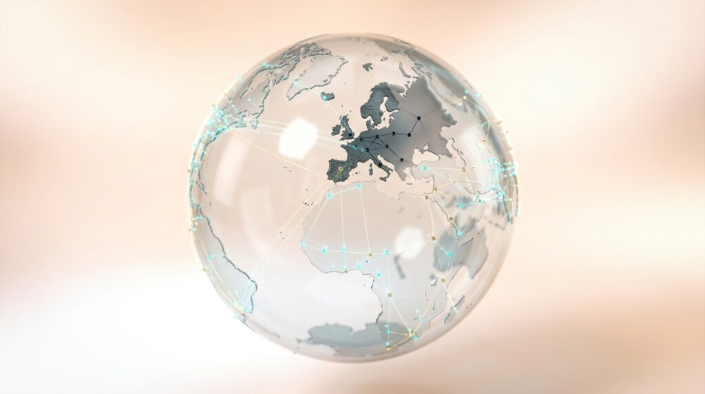 Globo de vidrio con una red de puntos conectados y una región apagada representando la exclusión de Europa