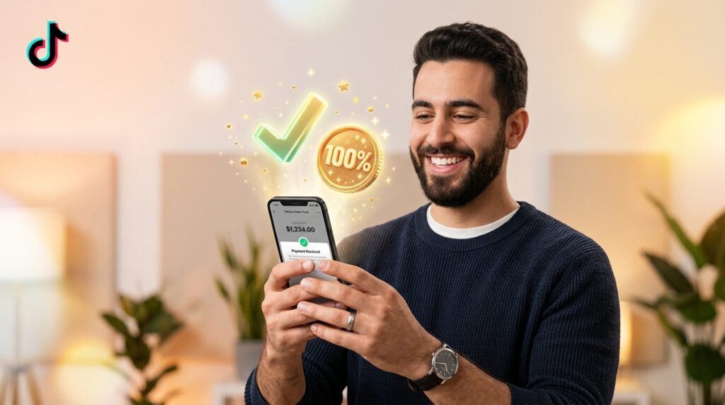 Creador sosteniendo su teléfono mientras aparece un ícono de pago completo sin comisión